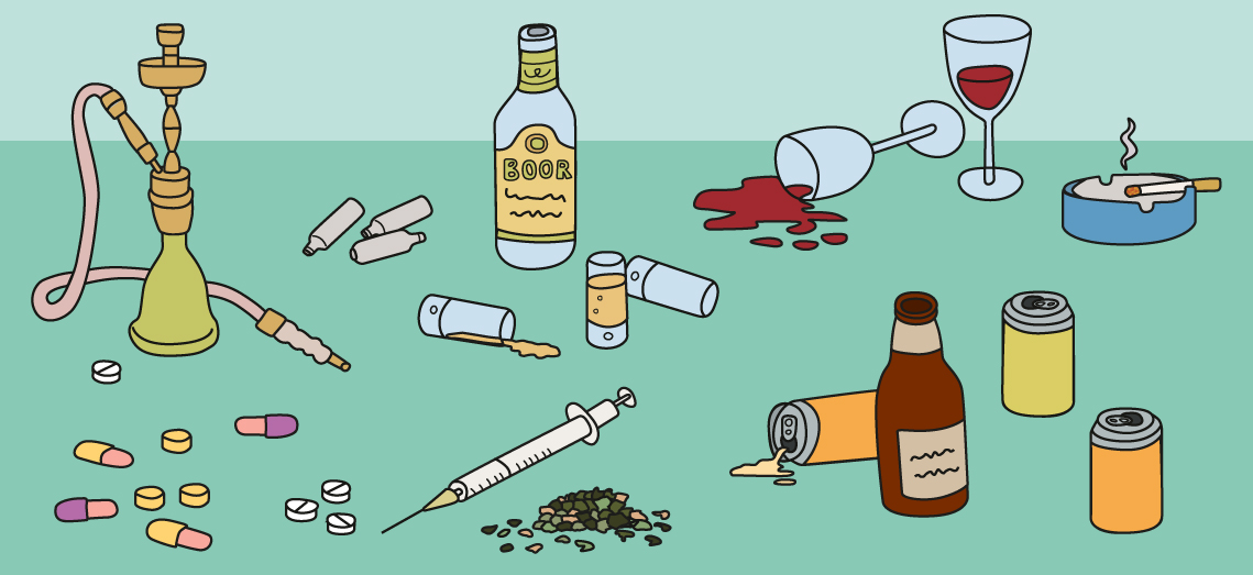 Bild som föreställer olika typer av droger och alkohol. Ilustration.