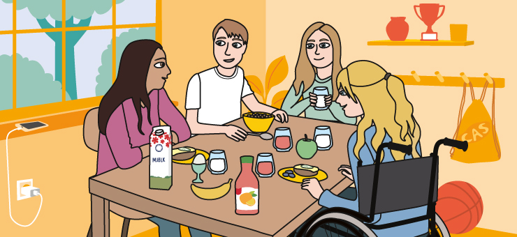 Ett gäng ungdomar sitter vid ett bord och äter frukost. Illustration.