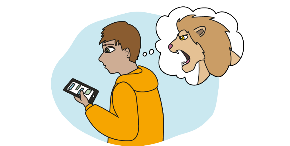 Kille som tittar i sin mobiltelefon och tänker på ett lejon. Illustration.