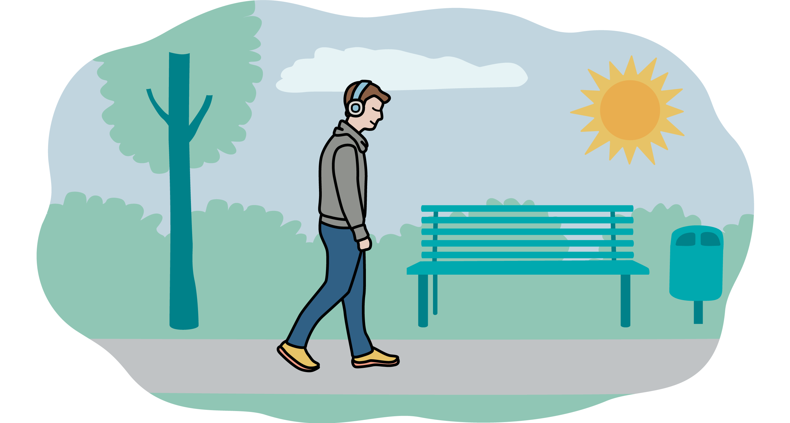 Person som promenerar i en park. Illustration.