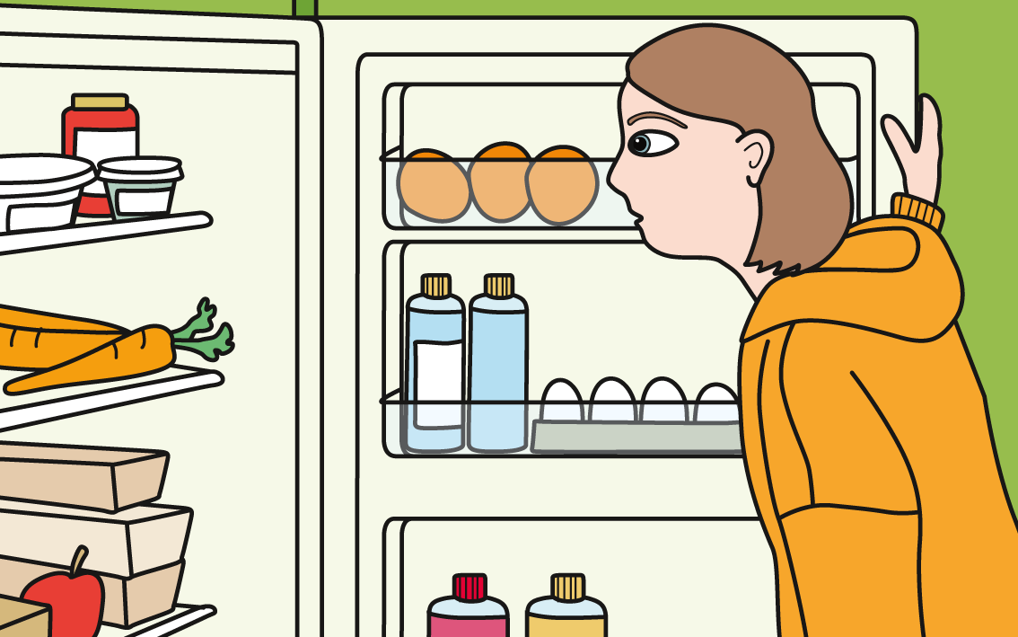 Ungdom kollar in i ett kylskåp och undrar vad hen ska äta. Illustration.