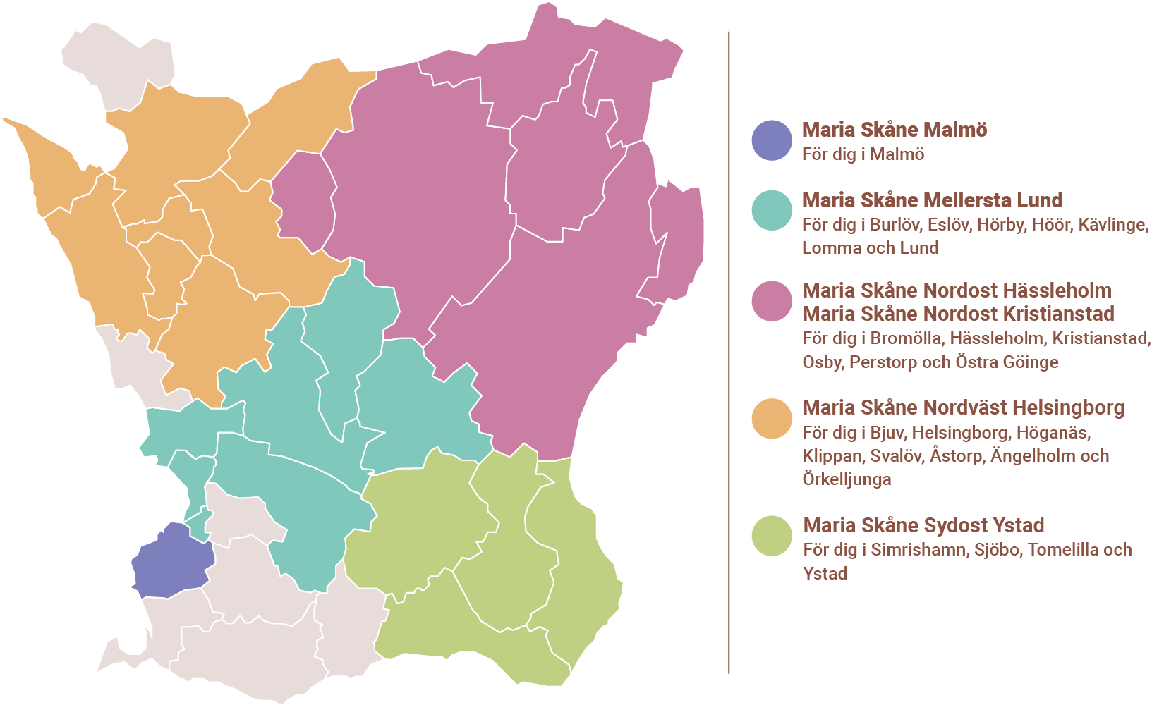 Karta som visa vilken mottagning du ska kontakta, beroende på vilken kommun du bor i. 