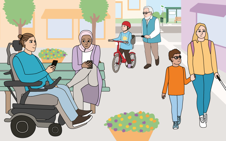 Sex personer syns på ett torg. En pojke med Downs syndrom cyklar med hjälp av sin morfar som bär glasögon. Ett barn med glasögon håller sin mamma i handen. Mamman har blindkäpp. En ung man sitter i en elrullstol och tittar i mobilen och umgås med en kvinna i slöja som sitter på en parkbänk. 