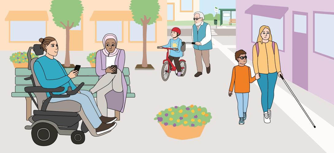 Sex personer syns på ett torg. En pojke med Downs syndrom cyklar med hjälp av sin morfar som bär glasögon. Ett barn med glasögon håller sin mamma i handen. Mamman har blindkäpp. En ung man sitter i en elrullstol och tittar i mobilen och umgås med en kvinna i slöja som sitter på en parkbänk. 