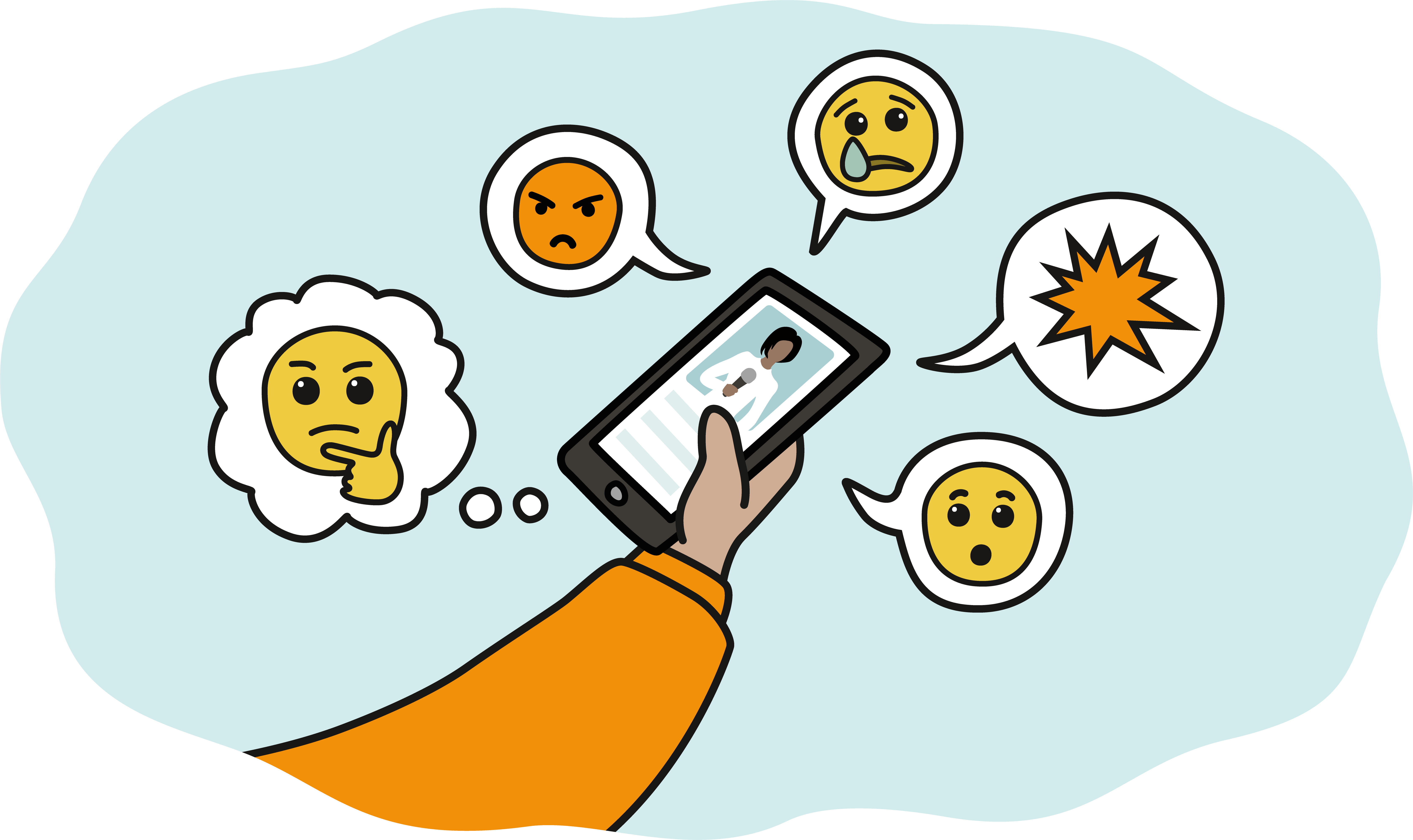 Hand som håller upp en mobil. Runt om mobilen finns prat- och tankebubblor med arga, oroliga och fundersamma emojis. Illustration.
