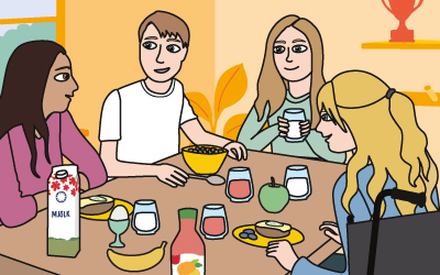 Ett gäng ungdomar sitter vid ett bord och äter frukost. Illustration.