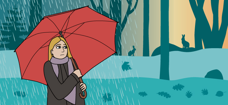 Flicka som går i skogen och håller i ett paraply. Det regnar men i fjärran kan hon se solen lysa. Illustration.