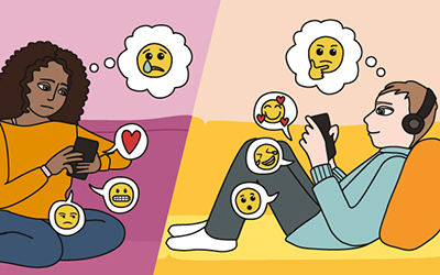 Två ungdomar som sitter med sina mobiler och upplever olika känslor och tankar. Illustration.