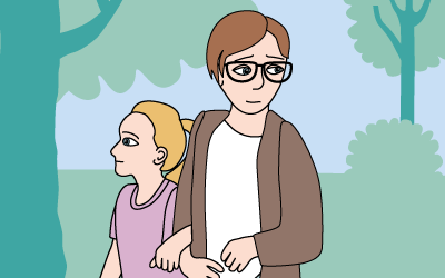 Mamma går med sitt barn i en park. Illustration.