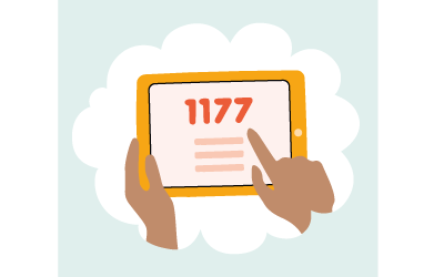 Händer som håller i en iPad och söker vård via 1177.se. Illustration.