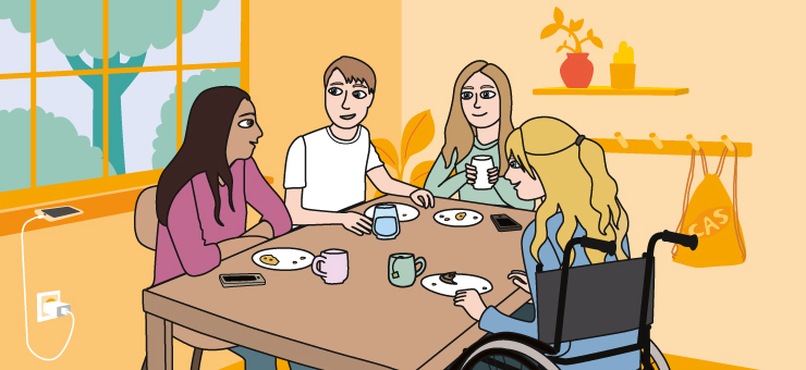 Fyra ungdomar som fikar inomhus runt ett bord. En av tjejerna har rullstol. Illustration.
